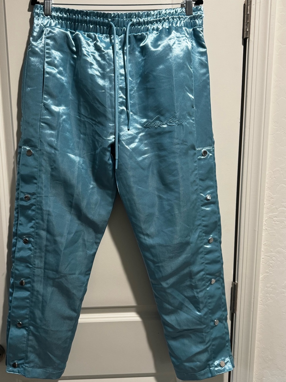 Satin Snap-Panel Joggers in Teal